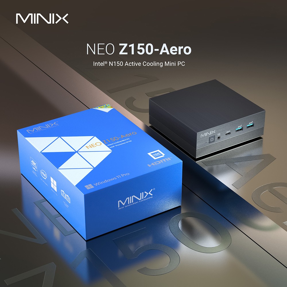 MINIX NEO Z150 Aero Mini PC, Intel N150 4 jadrá max. 3,6GHz, 16GB RAM 512GB SSD, HDMI+DP+USB-C trojitý displej, WiFi 6 Bluetooth 5.2, 1G+2,5G Dual RJ45, 4*USB 3.2, 1*Audio Jack
