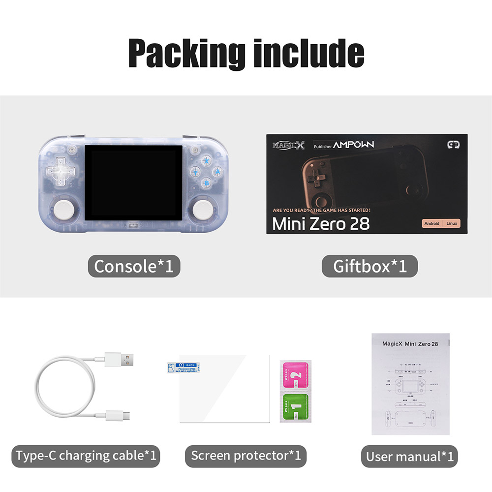 Magicx Mini Zero 28 V2 Retro Game Console, 2.8 inch 640-480 IPS Screen, 7 Hours Playtime, 64GB Storage - Blue