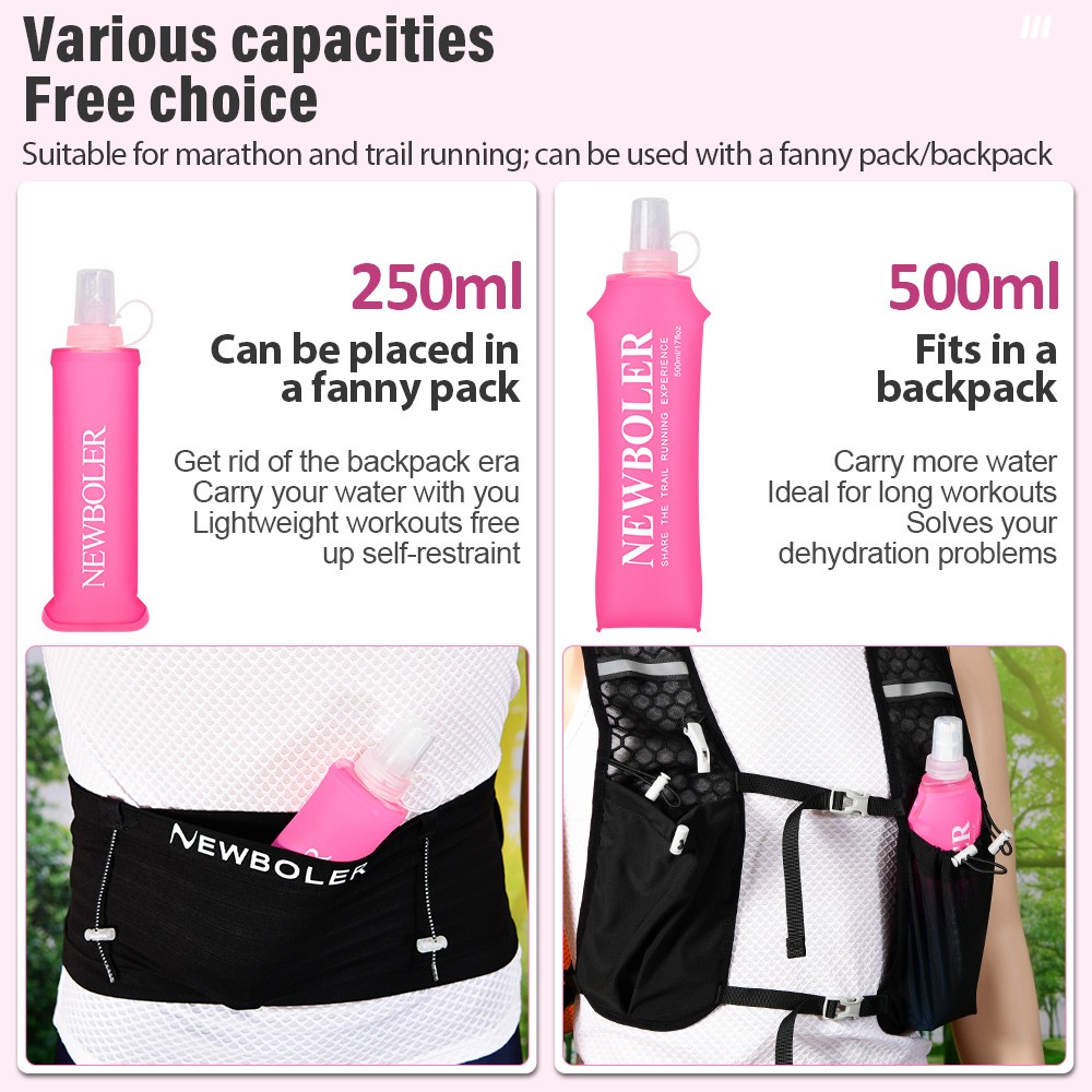 NEWBOLER BOT200 Collapsible Soft Water Bottle Portable Sports Bottle - 500ml, Pink