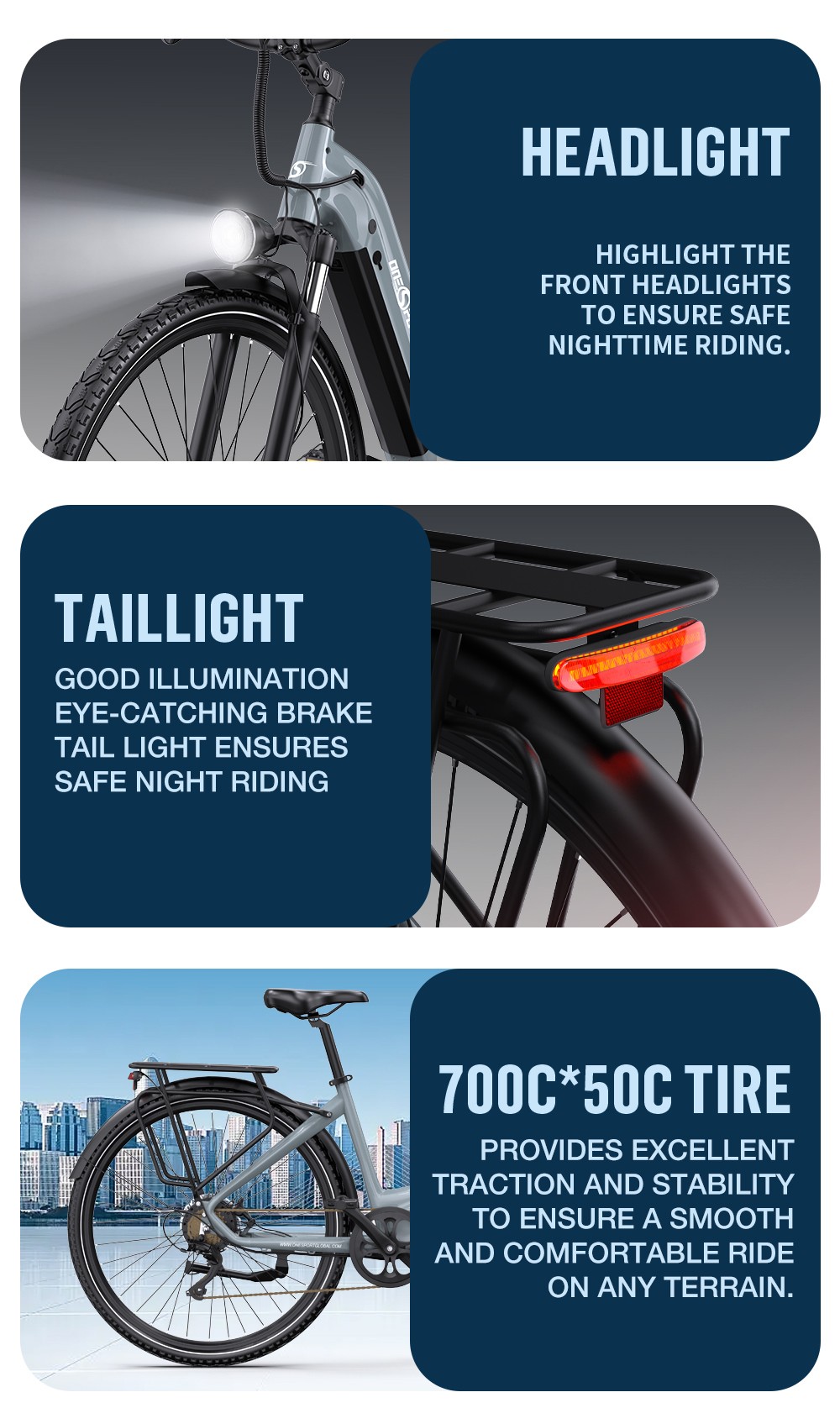 ONESPORT OT05 Pro Elektrobicykel, 250W motor, 36V 22,5Ah batéria, pneumatiky 700*50C, max. rýchlosť 25km/h, dojazd 140km, hydraulické kotúčové brzdy, predná odpružená vidlica, Shimano 7 rýchlostí - sivá