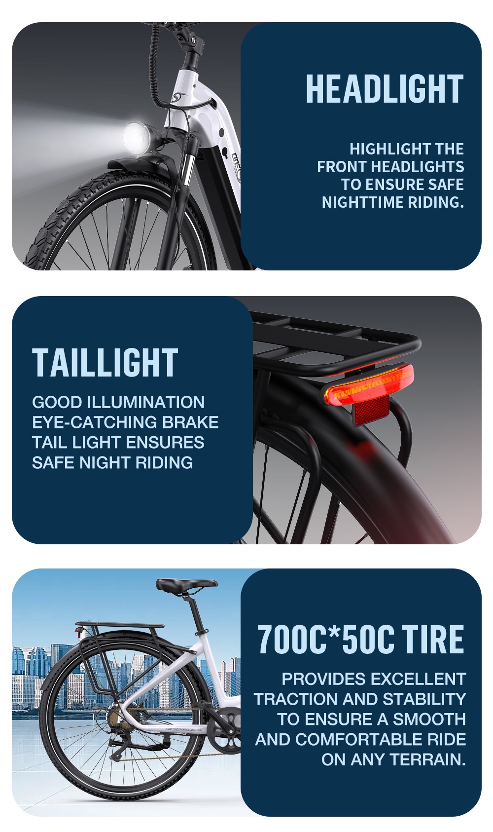 ONESPORT OT05 Pro Elektrobicykel, 250W motor, 36V 22,5Ah batéria, pneumatiky 700*50C, max. rýchlosť 25km/h, dojazd 140km, hydraulické kotúčové brzdy, predná odpružená vidlica, Shimano 7 prevodov - biely