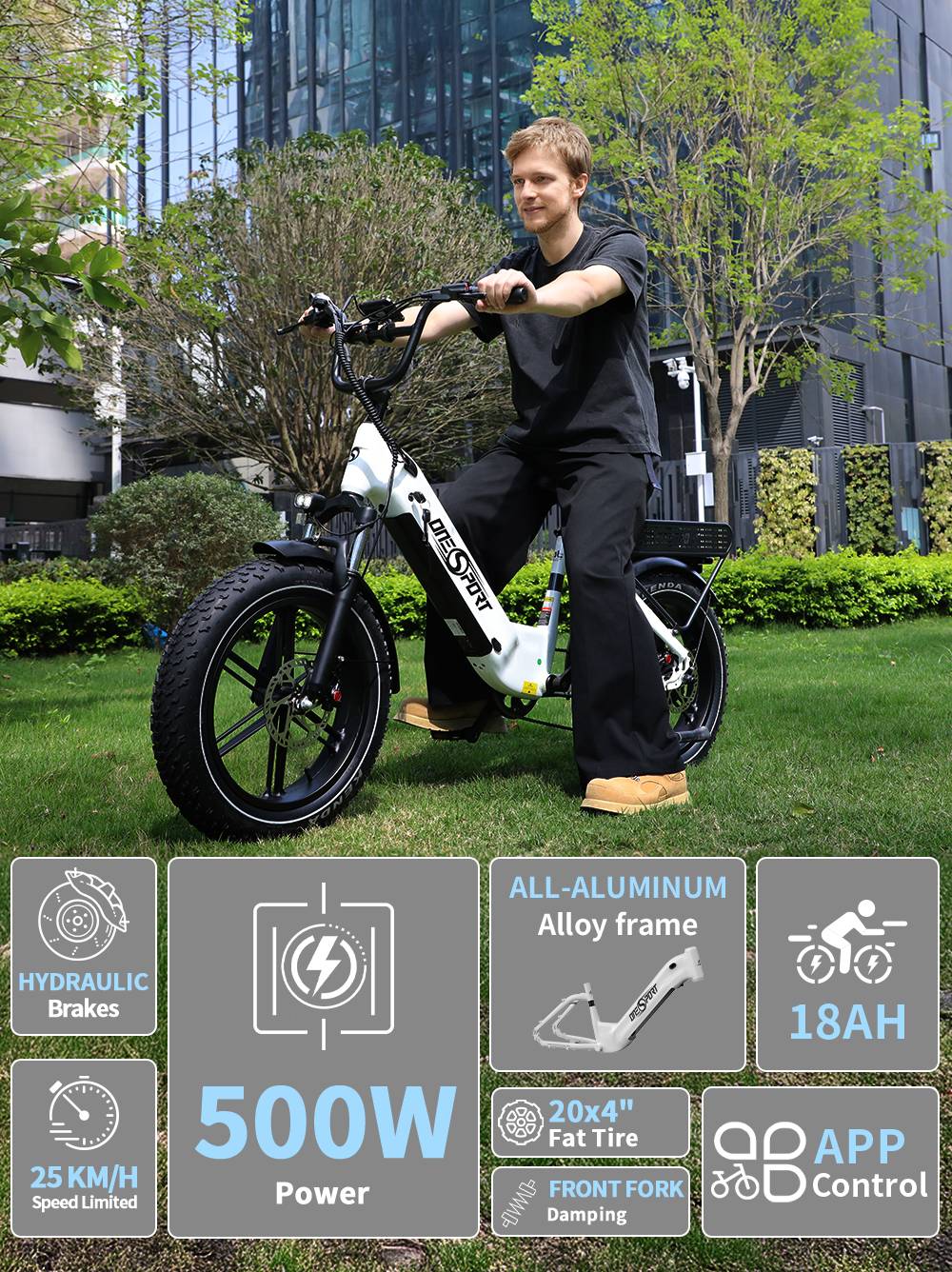 ONESPORT OT08 Electric Bike, 500W Motor, 48V 18Ah Battery, 20*4.0 palcové pneumatiky, max. rýchlosť 25 km/h, max. dojazd 90 km, hydraulické kotúčové brzdy, odpružená vidlica, 7-stupňová prevodovka Shimano - sivá