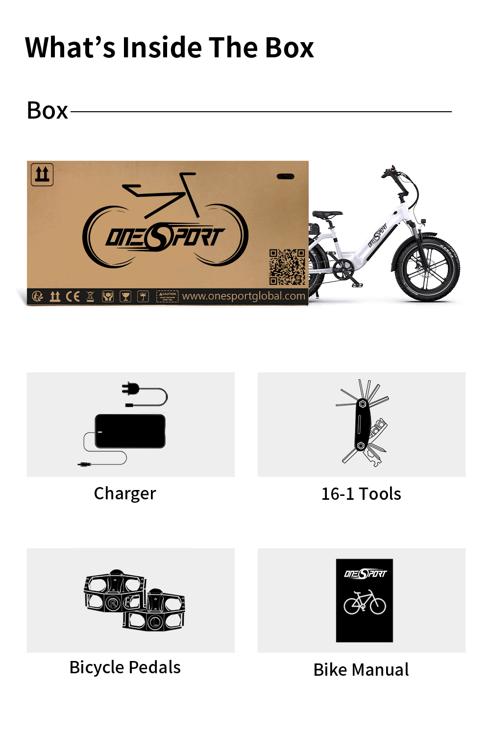 ONESPORT OT08 Elektrobicykel, 500W motor, 48V 18Ah batéria, 20*4.0 palcové pneumatiky, max. rýchlosť 25 km/h, max. dojazd 90 km, hydraulické kotúčové brzdy, odpružená vidlica, 7-stupňová prevodovka Shimano - sivá