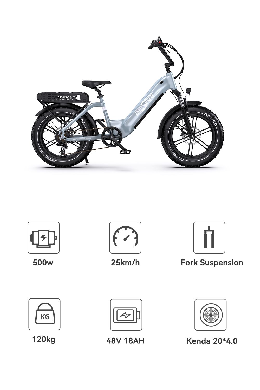 ONESPORT OT08 Electric Bike, 500W Motor, 48V 18Ah Battery, 20*4.0 inch Tires, 25km/h Max Speed, 90km Max Range, Hydraulic Disc Brakes, Suspension Fork, Shimano 7-speed - Grey