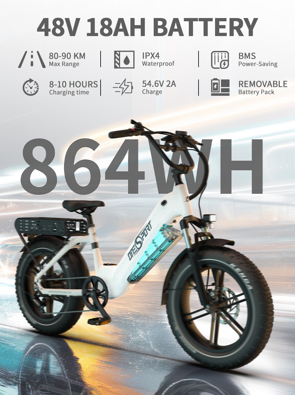 ONESPORT OT08 Electric Bike, 500W Motor, 48V 18Ah Battery, 20*4.0 palcové pneumatiky, max. rýchlosť 25 km/h, max. dojazd 90 km, hydraulické kotúčové brzdy, odpružená vidlica, 7-stupňová prevodovka Shimano - sivá
