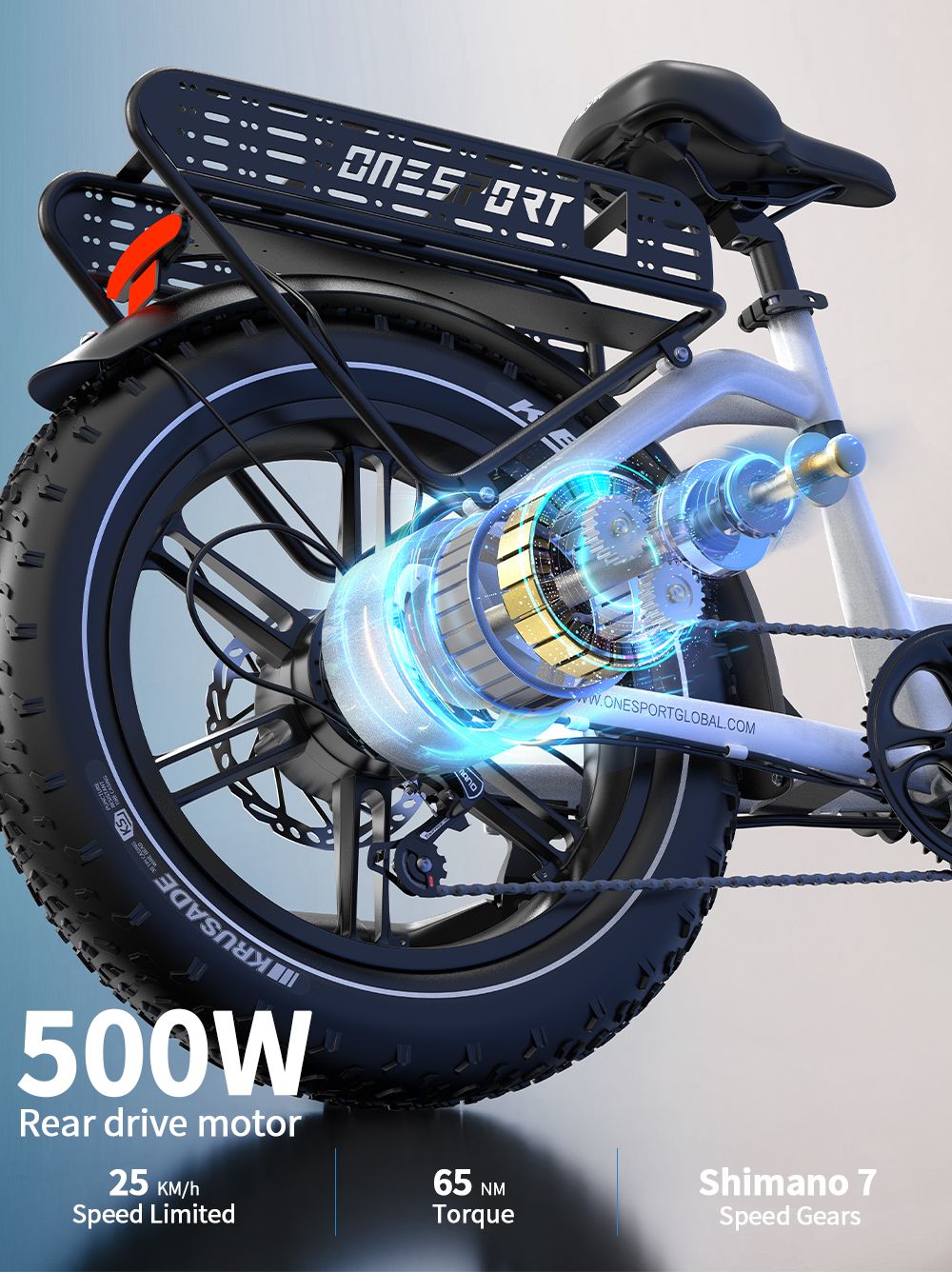 ONESPORT OT08 Electric Bike, 500W Motor, 48V 18Ah Battery, 20*4.0 palcové pneumatiky, max. rýchlosť 25 km/h, max. dojazd 90 km, hydraulické kotúčové brzdy, odpružená vidlica, 7-stupňová prevodovka Shimano - sivá