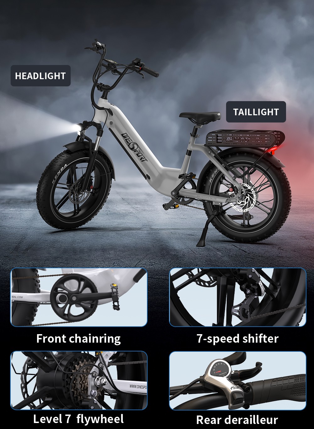 ONESPORT OT08 Electric Bike, 500W Motor, 48V 18Ah Battery, 20*4.0 palcové pneumatiky, max. rýchlosť 25 km/h, max. dojazd 90 km, hydraulické kotúčové brzdy, odpružená vidlica, 7-stupňová prevodovka Shimano - sivá