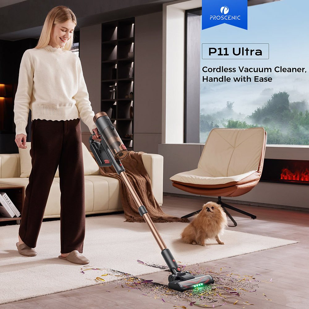 Proscenic P11 Ultra Akku-Staubsauger, 40 kPa Saugleistung, 40 Min. Laufzeit, verwicklungsfreie B&uuml;rste, 4-Lagen-Filtration, gr&uuml;ne LED-Scheinwerfer