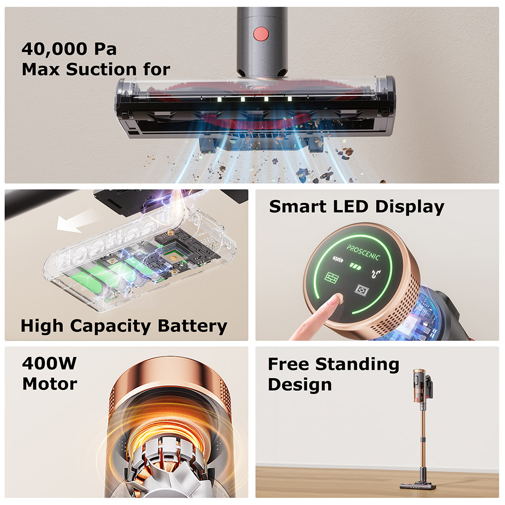 Proscenic P11 Ultra Akku-Staubsauger, 40 kPa Saugleistung, 40 Min. Laufzeit, verwicklungsfreie B&uuml;rste, 4-Lagen-Filtration, gr&uuml;ne LED-Scheinwerfer