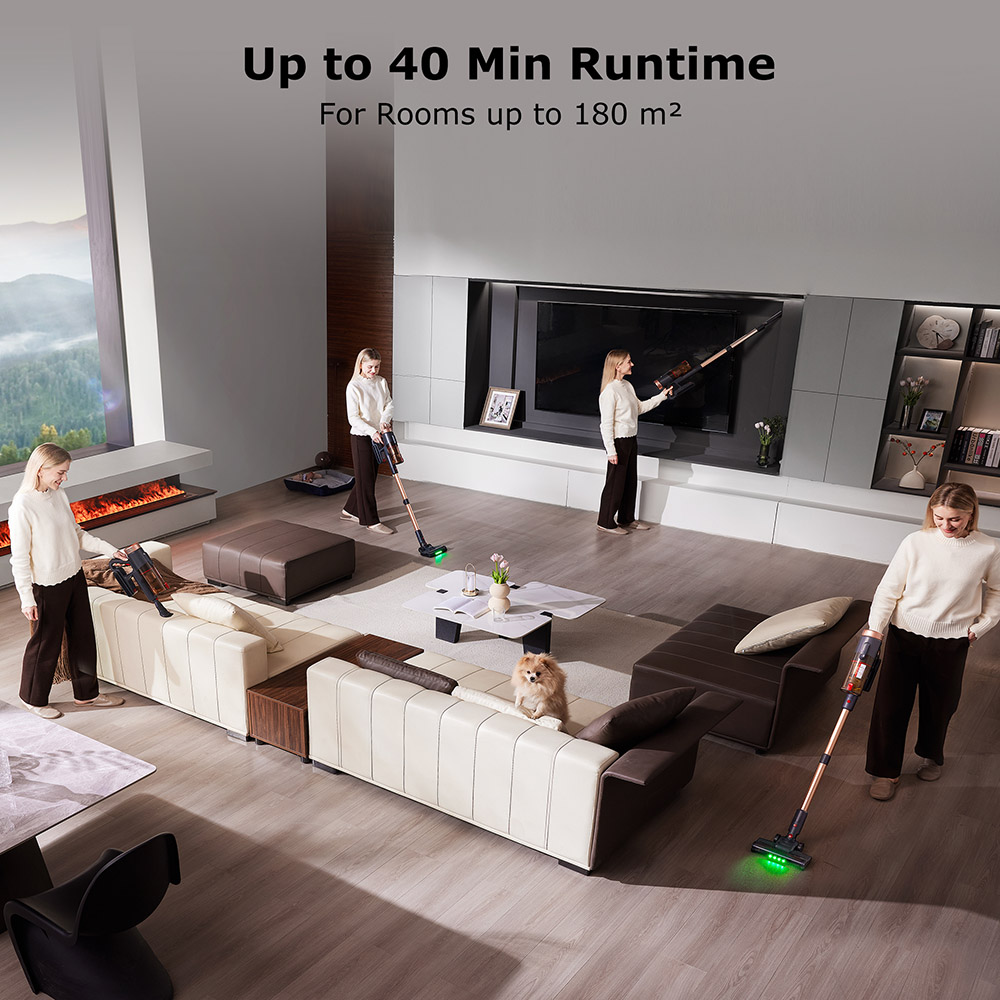 Proscenic P11 Ultra Akku-Staubsauger, 40 kPa Saugleistung, 40 Min. Laufzeit, verwicklungsfreie B&uuml;rste, 4-Lagen-Filtration, gr&uuml;ne LED-Scheinwerfer
