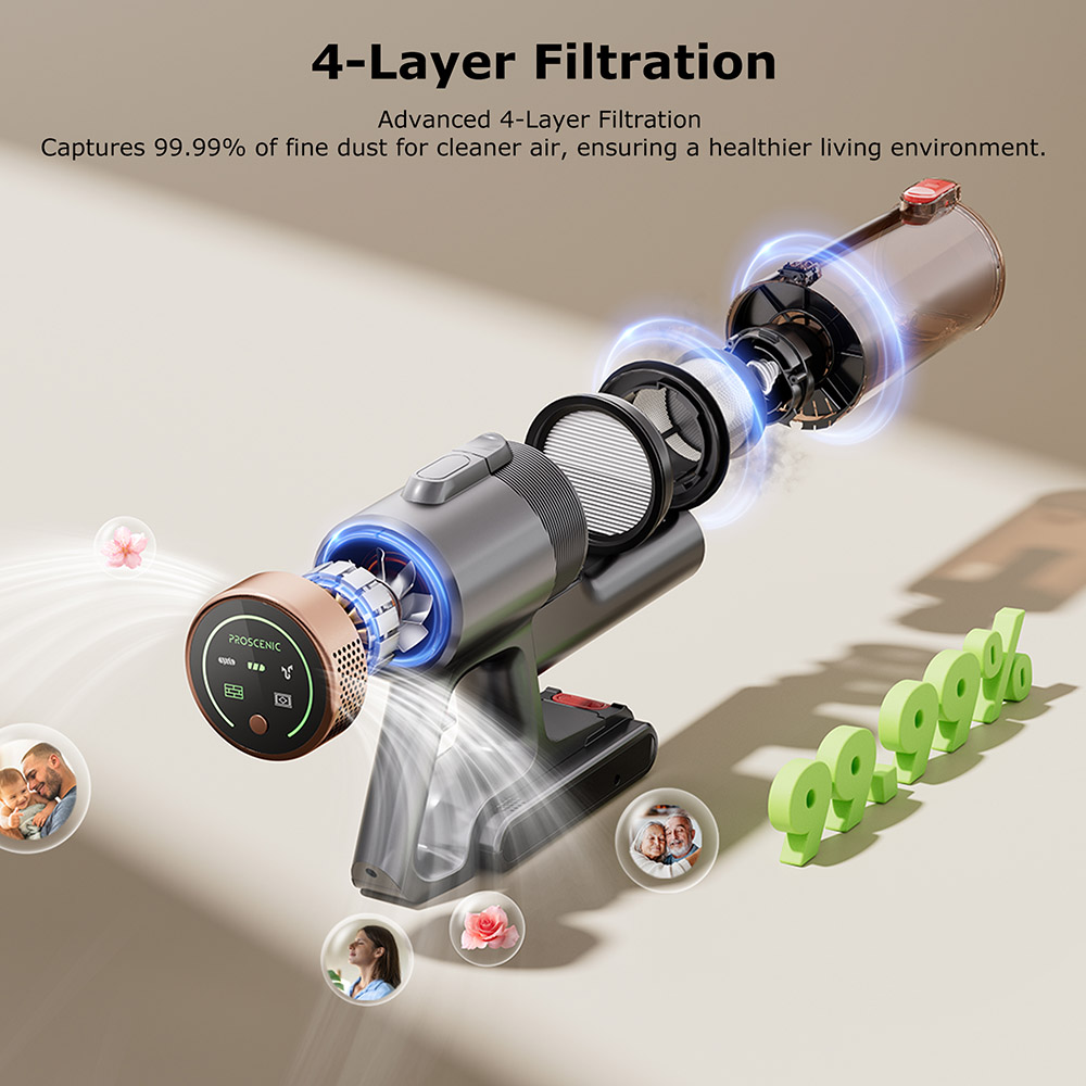 Proscenic P11 Ultra Cordless Vacuum Cleaner, 40kPa sanie, 40min prevádzka, Tangle-Free kefa, 4-vrstvová filtrácia, zelené LED svetlá