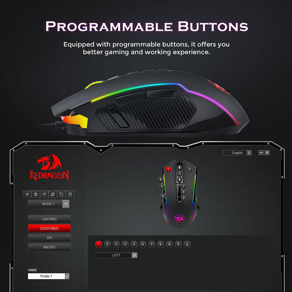 Refurbished Redragon M910-K Ranger Basic RGB Wired Gaming Mouse 8000 DPI 9 Programmable Buttons with Rapid-Fire Button - Black