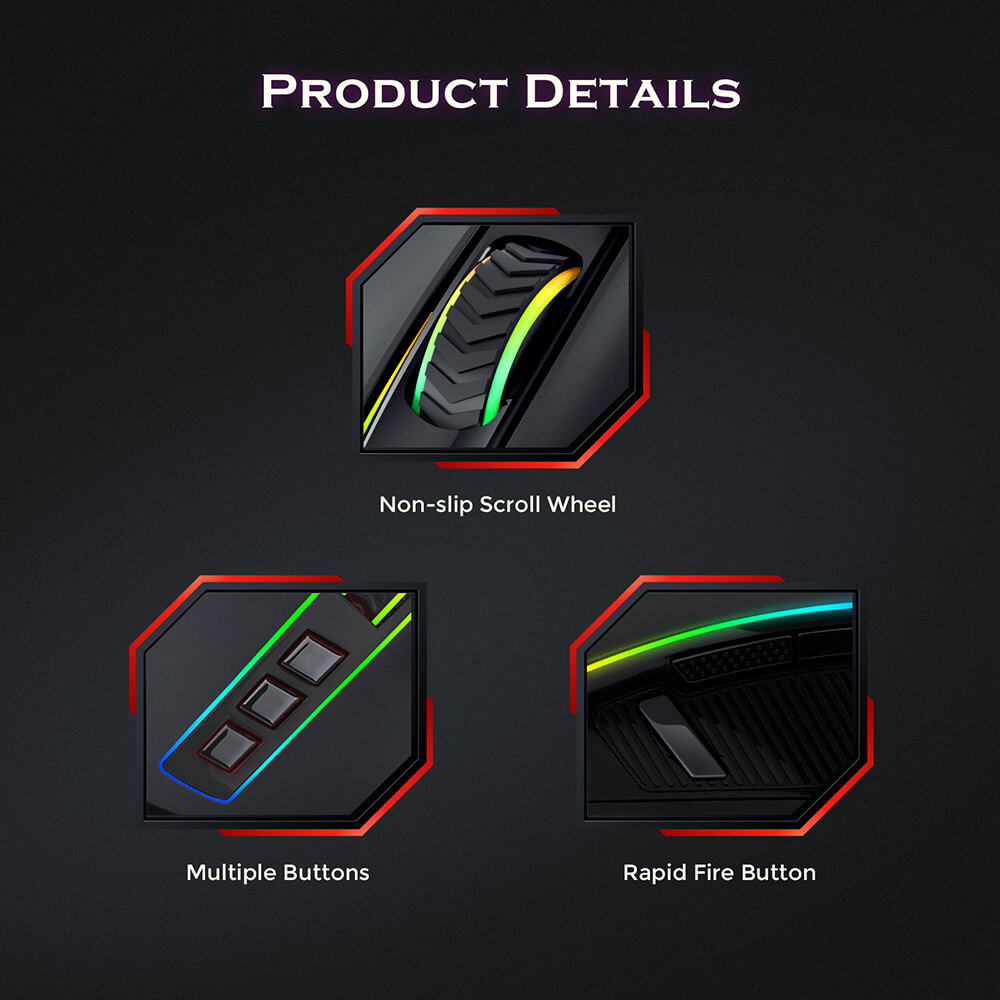 Refurbished Redragon M910-K Ranger Basic RGB Wired Gaming Mouse 8000 DPI 9 Programmable Buttons with Rapid-Fire Button - Black