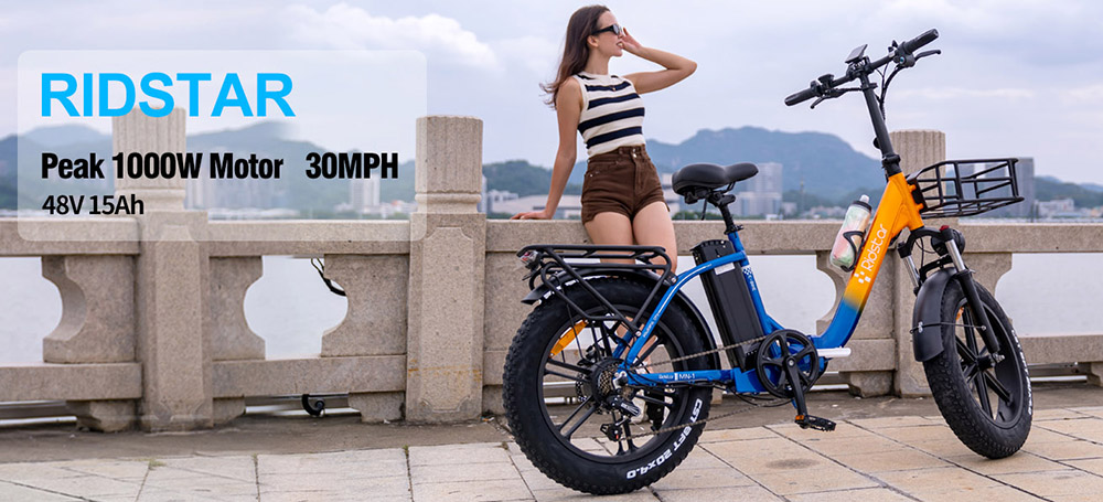 Ridstar MN20 Electric Bike, 1000W Motor, 48V 15Ah Battery, 20*4.0 palcová tučná pneumatika, max. rýchlosť 48 km/h, dojazd 70 km, dvojité mechanické kotúčové brzdy, dvojitý tlmič, 7-rýchlostný prevod Shimano