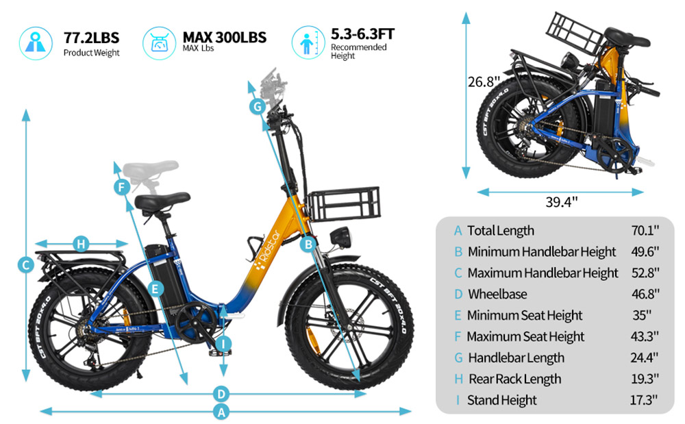 Ridstar MN20 Electric Bike, 1000W Motor, 48V 15Ah Battery, 20*4.0 palcová tučná pneumatika, max. rýchlosť 48 km/h, dojazd 70 km, dvojité mechanické kotúčové brzdy, dvojitý tlmič, 7-rýchlostný prevod Shimano