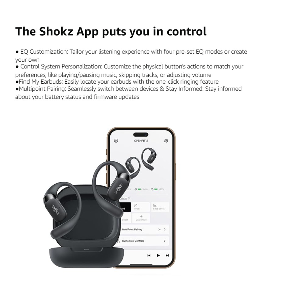 SHOKZ OpenFit 2 Open-ear Earbuds, True Wireless Bluetooth Earphones, Up 48 Hours of Playtime, IP55 Water-Resistant, Bluetooth 5.4 - Black