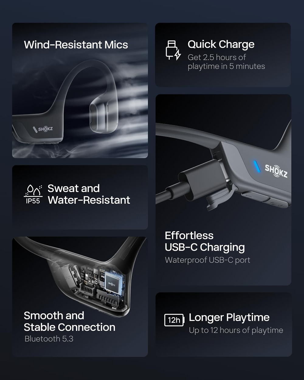 SHOKZ OpenRun Pro 2 Open-ear Earbuds, Bone Conduction Sport Headphones - Black