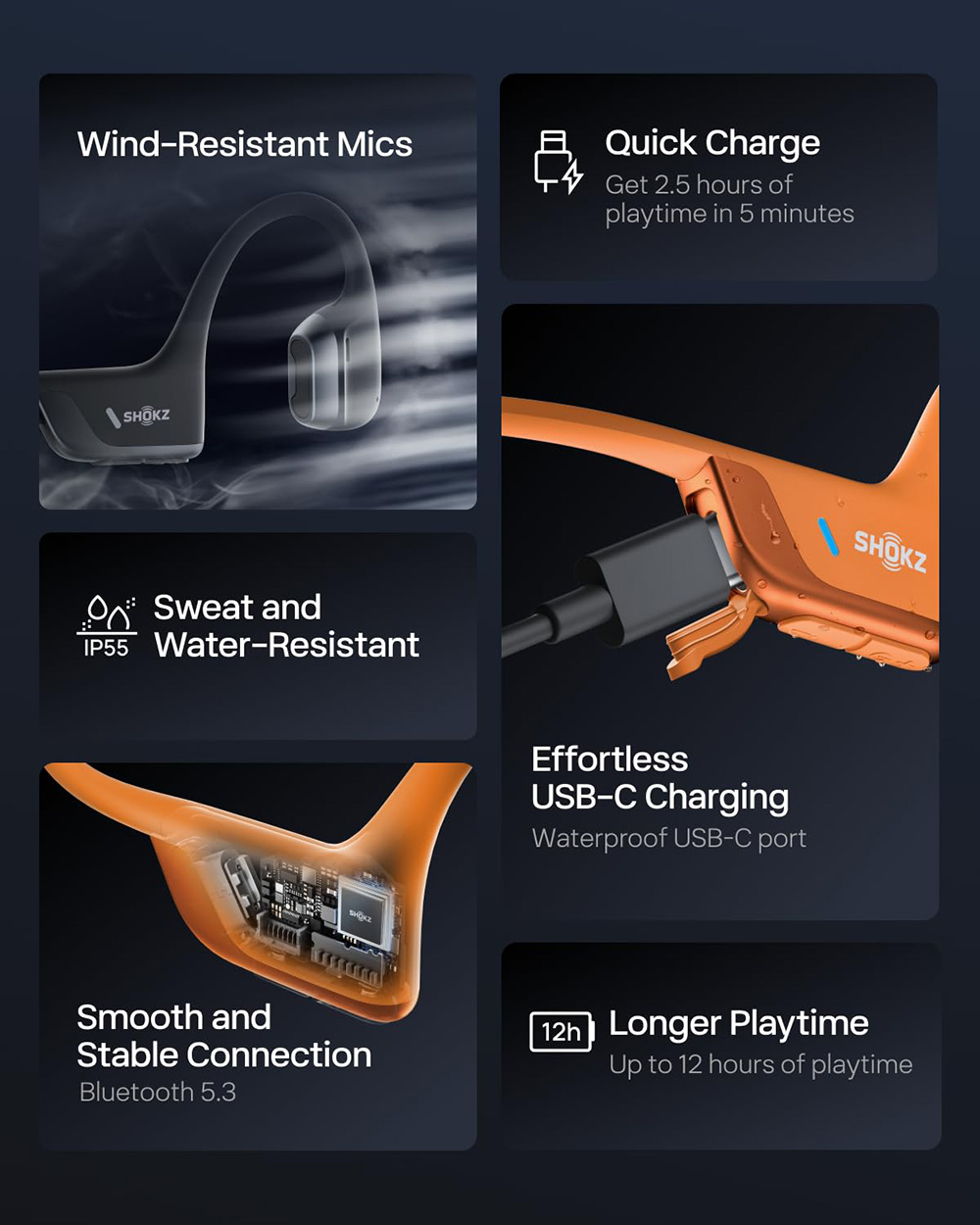 SHOKZ OpenRun Pro 2 Open-ear Earbuds, Bone Conduction Sport Headphones - Orange