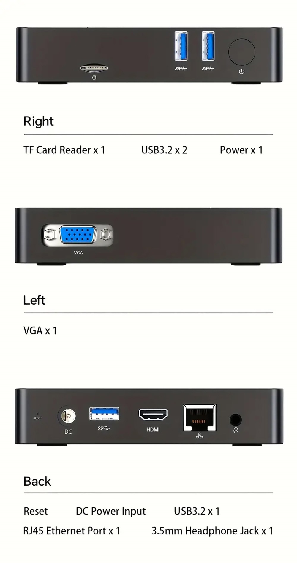 SOYO M2 Air Mini PC, Intel N4000 2 c&oelig;urs, 2,6 GHz max., 6 Go de RAM, SSD 128 Go, double &eacute;cran HDMI+VGA, Wi-Fi 5, Bluetooth 4.2, 3 ports USB 3.2, 1 lecteur de carte TF, 1 prise casque 3,5 mm, 1 port RJ45