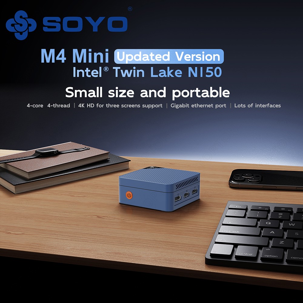 SOYO M4 Mini Mini PC, Intel N150 4 Core Max 3.6GHz, 12GB LPDDR5 RAM 512GB SSD, 2*HDMI + DP 4K Triple Display, WiFi 5 Bluetooth 5.0, 3*USB3.2, 1*RJ45, 1*Type-C, 1*Audio Jack