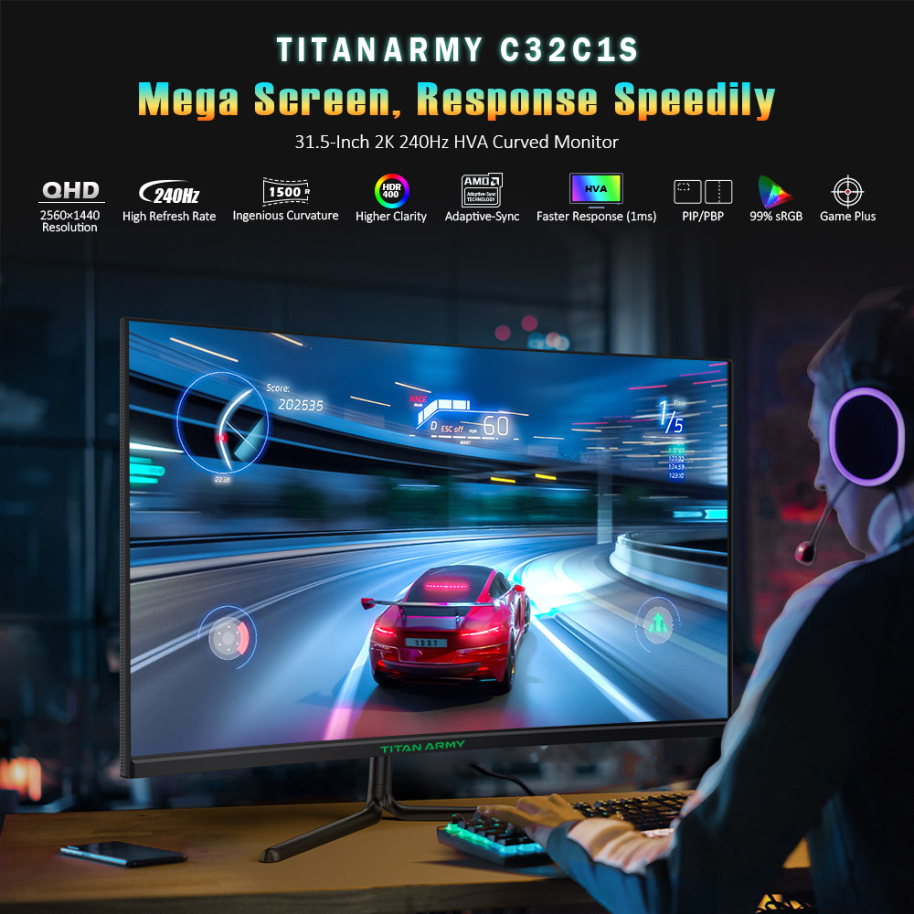 Refurbished TITAN ARMY C32C1S 1500R Curved Gaming Monitor, 31.5-inch 2560*1440 HVA Fast Panel, 240Hz Refresh Rate, 1ms GTG, Adaptive Sync, HDR400, 99% sRGB, Game Plus Mode, Support PIP & PBP Display, Low Blue Light