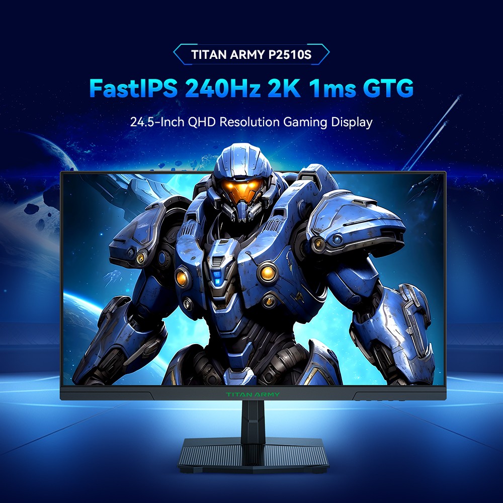 Refurbished TITAN ARMY P2510S Gaming Monitor, 24.5'' 2560*1440 QHD FAST IPS Screen, 240Hz Refresh Rate, 1ms GTG, HDR10, Adaptive-Sync, Dynamic OD, Game Rush Mode, PIP & PBP Display, Versatile Picture Modes, Low Blue Light, VESA Wall Mounting