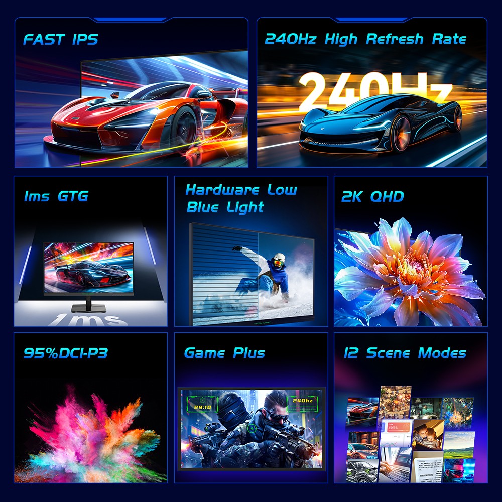 Refurbished TITAN ARMY P2510S Gaming Monitor, 24.5'' 2560*1440 QHD FAST IPS Screen, 240Hz Refresh Rate, 1ms GTG, HDR10, Adaptive-Sync, Dynamic OD, Game Rush Mode, PIP & PBP Display, Versatile Picture Modes, Low Blue Light, VESA Wall Mounting