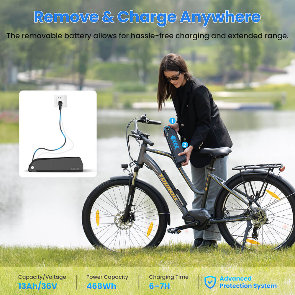 Elektrobicykel Touroll MA2, 250W motor so stredovým pohonom, 36V 13Ah batéria, 27,5” pneumatiky, max. rýchlosť 25 km/h, max. dojazd 100 km, hydraulické kotúčové brzdy, odpružená vidlica s uzamykaním, 7-rýchlostný prevod Shimano - sivý