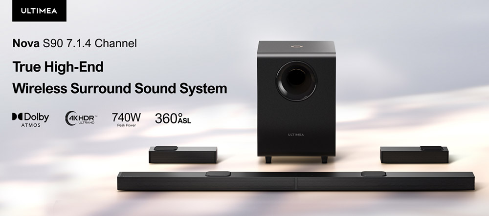 Ultimea Nova S90 7.1.4 Soundbar + 1 pár * Stabilné reproduktorové stojany S90, Dolby Atmos, 740 W špičkový výkon, 4K HDR Pass-through, 6 režimov ekvalizéra