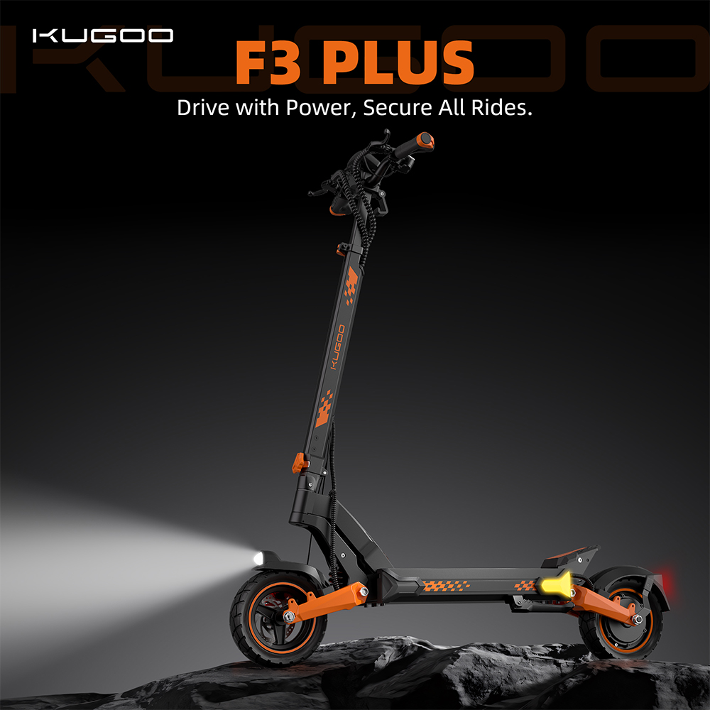 Elektrický skúter KUGOO F3 Plus, 1000W motor, 48V 20.8Ah batéria, 10 palcové pneumatiky, max. rýchlosť 50 km/h, dojazd 80 km, predné a zadné kotúčové brzdy, odpruženie kyvnou vidlicou