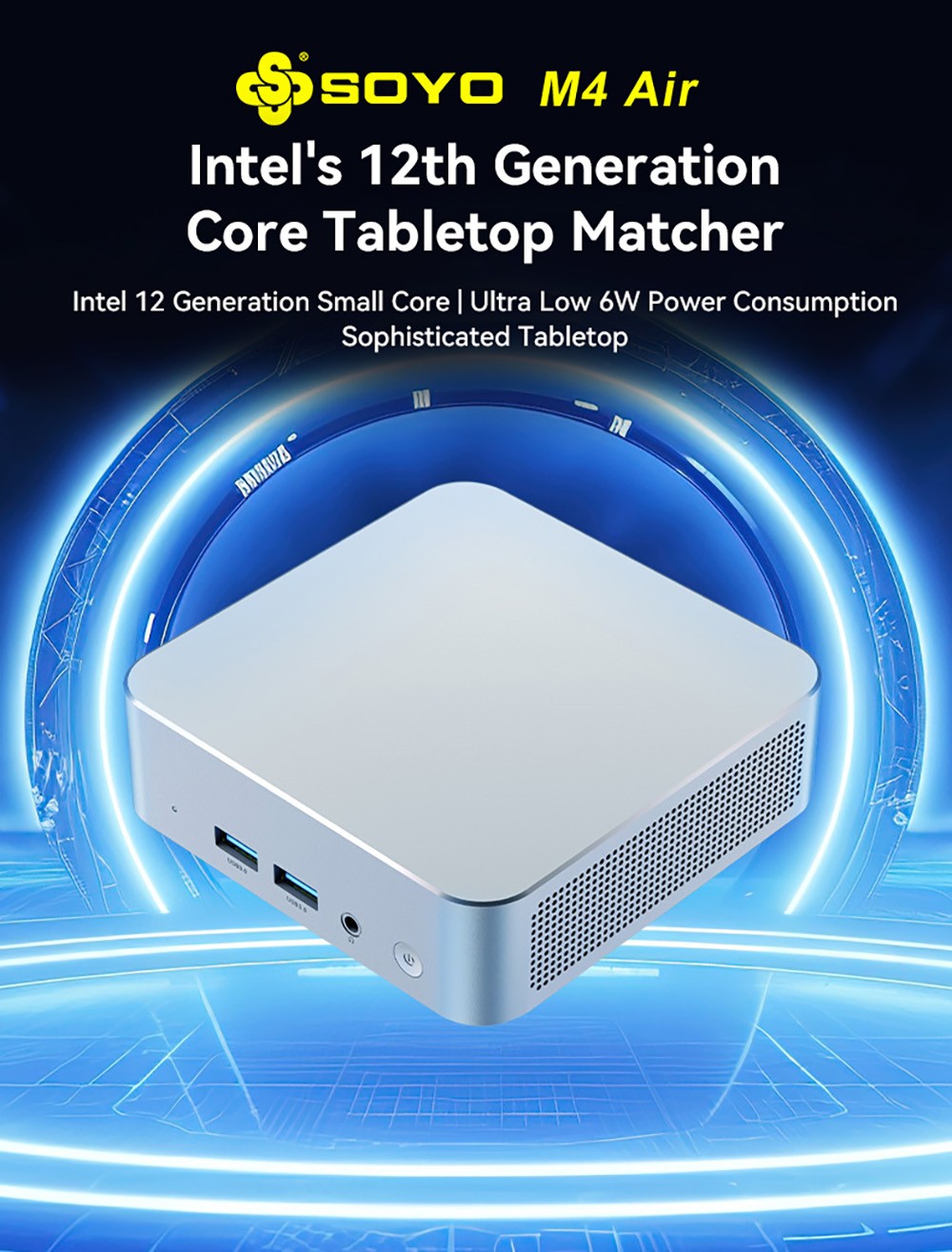 SOYO M4 Air Mini PC, Intel N95 4 Core Max 3,4 GHz, 16 GB RAM 512 GB SSD, 2*HDMI + 1* plnohodnotný trojitý displej typu C, WiFi 5 Bluetooth 5.0, 2*USB3.2, 2*USB2.0, 1*RJ45, 1*Headphone Jack