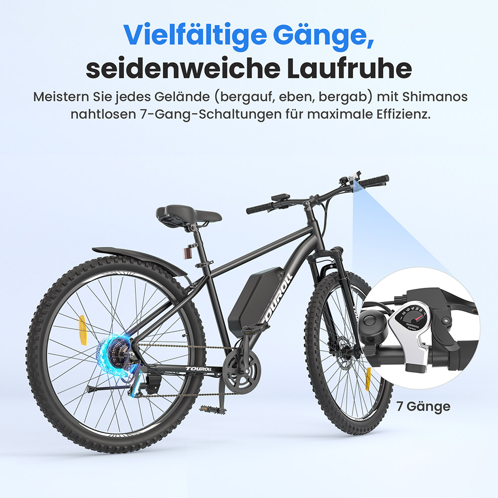 Touroll U2 Elektrofahrrad, 250-W-Motor, 48-V-15-Ah-Akku, 29-Zoll-Reifen, 25 km/h H&ouml;chstgeschwindigkeit, 150 km Reichweite, hydraulische Scheibenbremse, Federgabel, Shimano 7-Gang