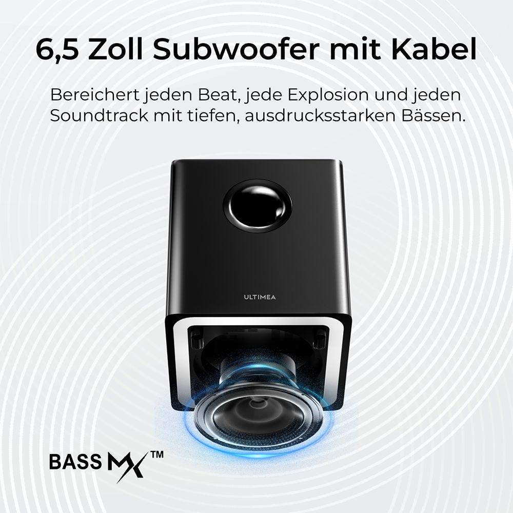 Ultimea Apollo S70 Ultra 7.1-Kanal-Soundbar-Subwoofer-Lautsprecher-Kit, abnehmbar, dynamische Beleuchtung, 410 W Spitzenleistung, App-Steuerung, 10-Band-Equalizer-Einstellungen