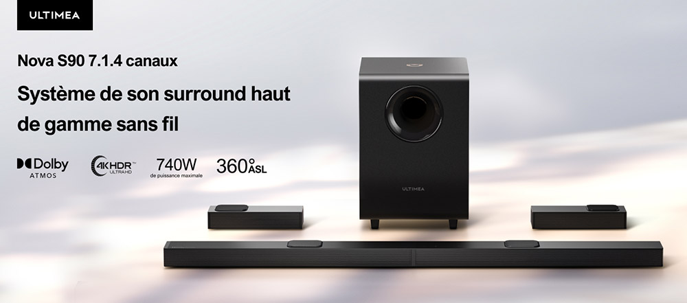 Ultimea Nova S90 Barre de son 7.1.4 + 1 paire de supports d'enceintes Steady S90, Dolby Atmos, puissance de cr&ecirc;te de 740 W, transmission 4K HDR, 6 modes d'&eacute;galisation