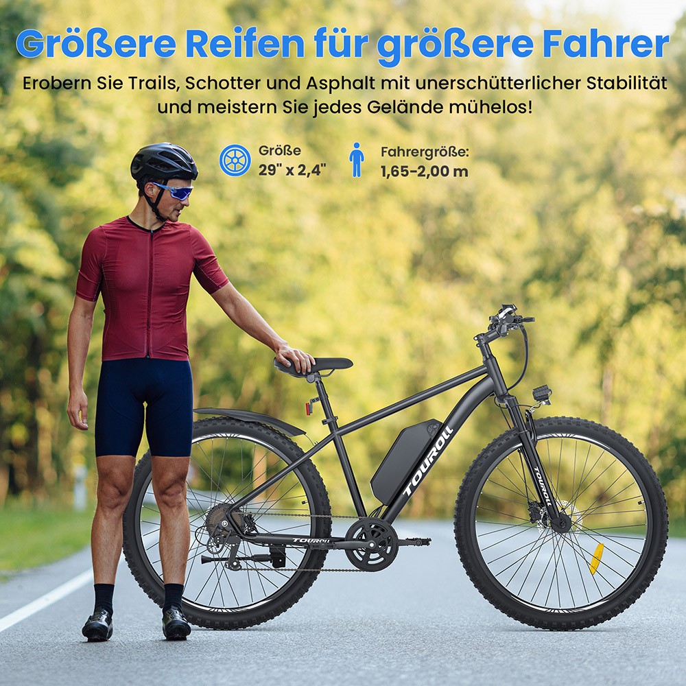 Touroll U2 Elektrofahrrad, 250-W-Motor, 48-V-15-Ah-Akku, 29-Zoll-Reifen, 25 km/h H&ouml;chstgeschwindigkeit, 150 km Reichweite, hydraulische Scheibenbremse, Federgabel, Shimano 7-Gang