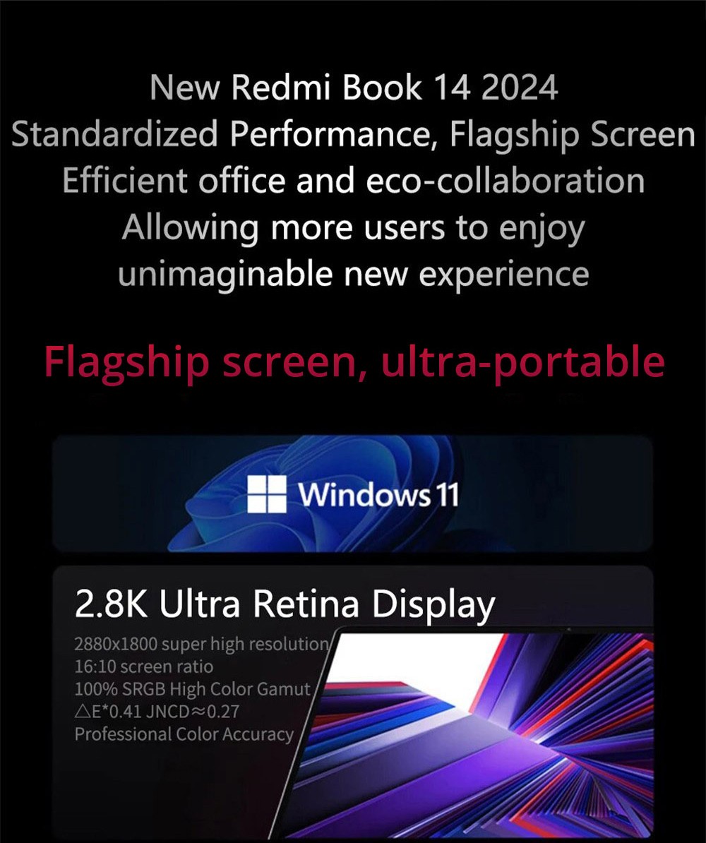 Redmi Book 14 Laptop Chinese Version, 14-inch, Intel Core i5-13500H 12 Cores 4.7GHz, 16GB RAM 1TB SSD, WiFi 6 Bluetooth 5.2, 56Wh Battery USB-C Fast Charging, 1*USB-A 2.0 2*USB-A 3.2 1*USB-C 1*HDMI 2.1 1*Headphone Jack, Backlight Keyboard - Silver