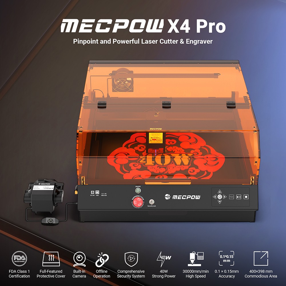 Mecpow X4 Pro 40W FDA Class 1 Laser + 150W Smoke Purifier + 1 Year LightBurn License