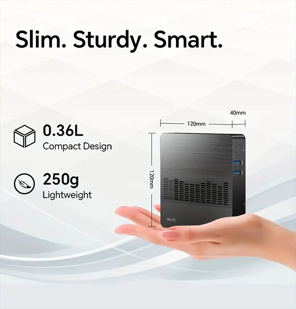 SOYO M2 Air Mini PC, Intel N4000 2 c&oelig;urs, 2,6 GHz max., 6 Go de RAM, SSD 128 Go, double &eacute;cran HDMI+VGA, Wi-Fi 5, Bluetooth 4.2, 3 ports USB 3.2, 1 lecteur de carte TF, 1 prise casque 3,5 mm, 1 port RJ45