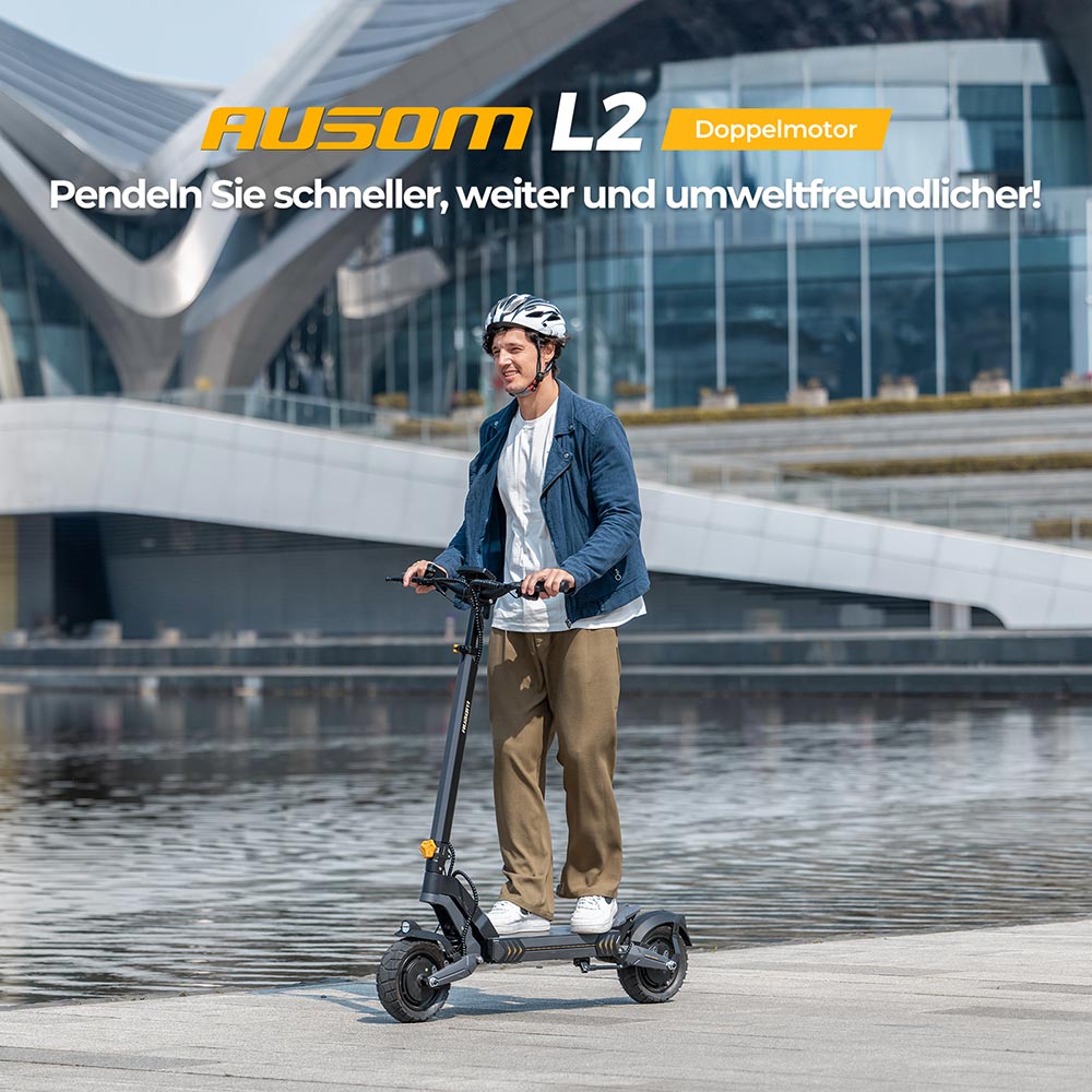 Ausom L2 Elektroroller, 2 x 800W Motor, 48V 15,6Ah Akku, 10 Zoll Reifen, 55 km/h H&ouml;chstgeschwindigkeit, 70 km Reichweite, Scheibenbremsen vorne und hinten, Schwingenfederung, LCD-Display
