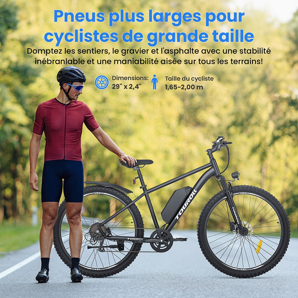 Touroll U2 V&eacute;lo &eacute;lectrique, moteur 250 W, batterie 48 V 15 Ah, pneus 29 pouces, vitesse maximale 25 km/h, autonomie 150 km, freins &agrave; disque hydrauliques, fourche &agrave; suspension, Shimano 7 vitesses