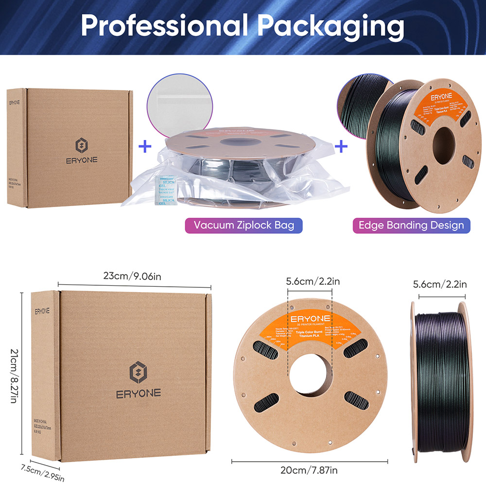 ERYONE Burnt Titanium Tri Color PLA Filament 1kg - Black & Green & Rose-red