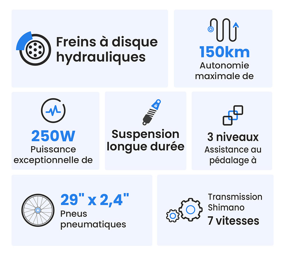 Touroll U2 V&eacute;lo &eacute;lectrique, moteur 250 W, batterie 48 V 15 Ah, pneus 29 pouces, vitesse maximale 25 km/h, autonomie 150 km, freins &agrave; disque hydrauliques, fourche &agrave; suspension, Shimano 7 vitesses