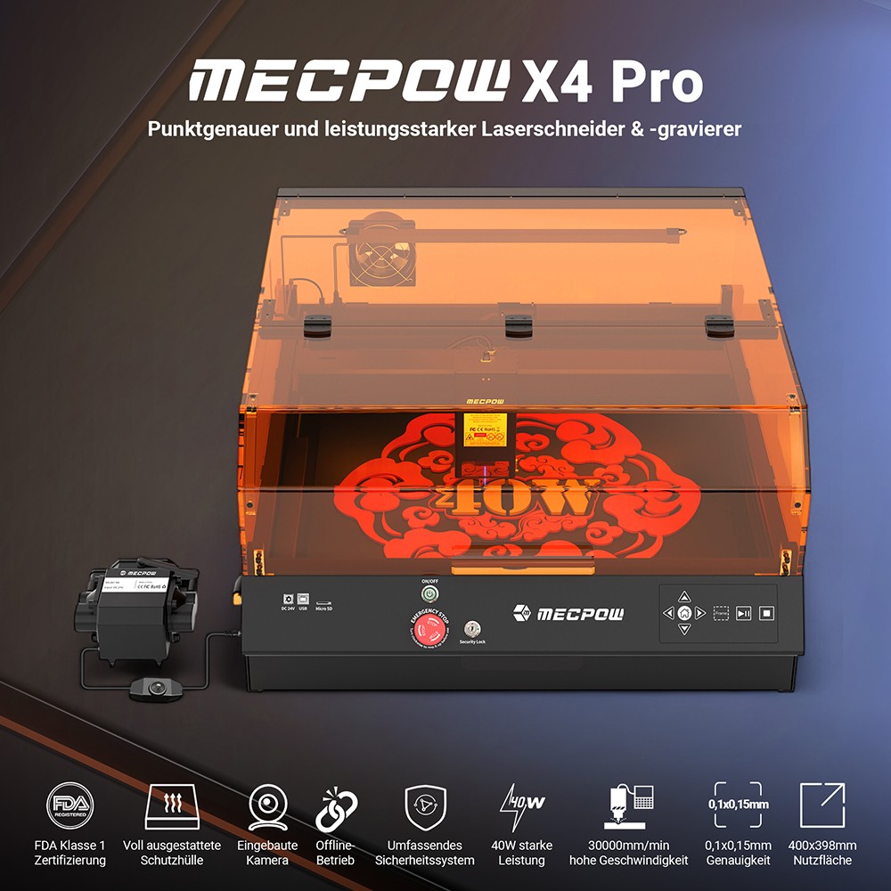 Mecpow X4 Pro 40W FDA Klasse 1 Lasergravierer mit Kamera, 400*398mm
