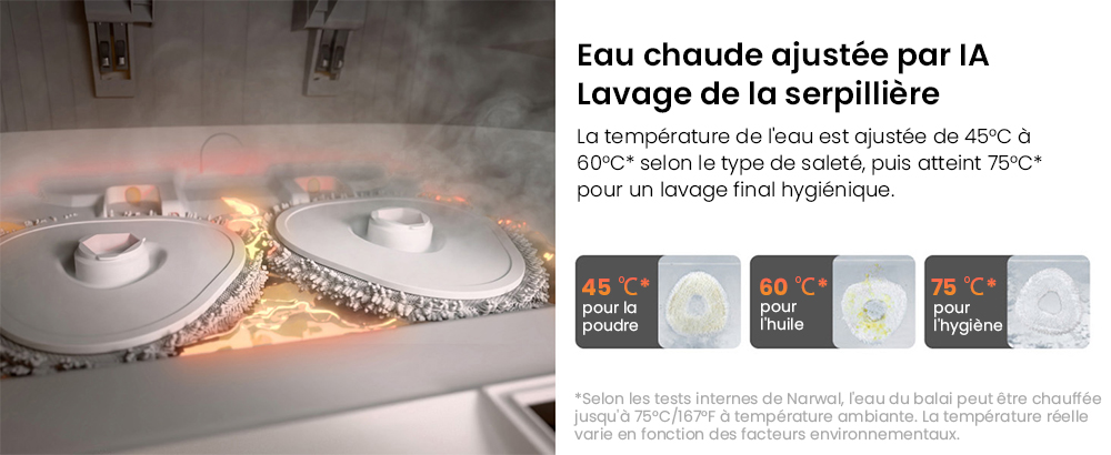 Aspirateur robot laveur NARWAL Freo Z10, anti-emm&ecirc;lement, aspiration 15&nbsp;000 Pa, s'adapte aux zones difficiles d'acc&egrave;s, autovidage, lavage et s&eacute;chage &agrave; la serpilli&egrave;re, &eacute;vite les obstacles, pour poils d'animaux et sols durs, blanc