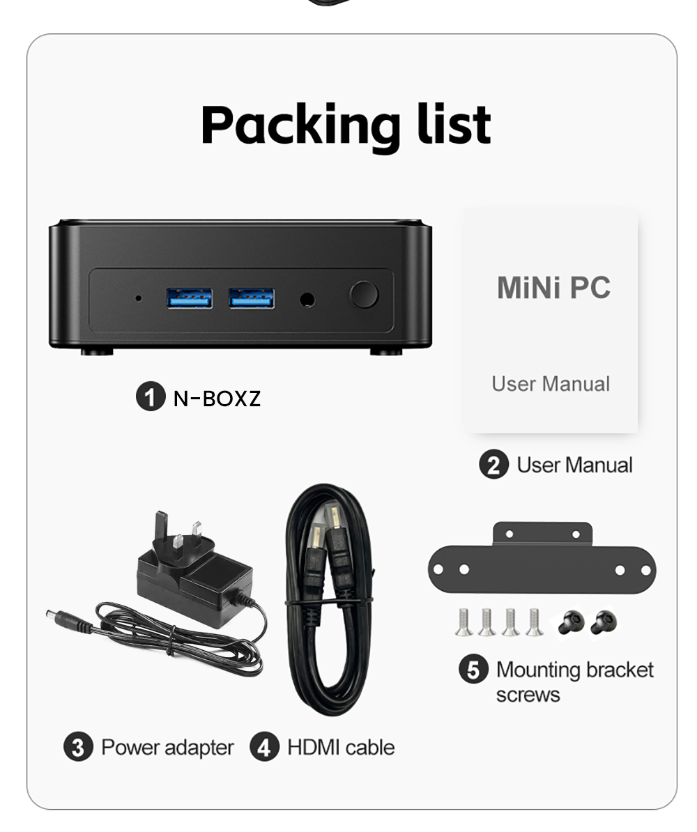 AOOSTAR N-BOXZ Mini PC, Intel N150 4 Core Max 3.6GHz, 8GB RAM 512GB SSD, 2*HDMI + Type-C Triple Display, 2.4G/5G WiFi Bluetooth 4.2, USB3.2*2, USB2.0*2, RJ45*1, Headset*1, TF Card Slot*1 - UK Plug