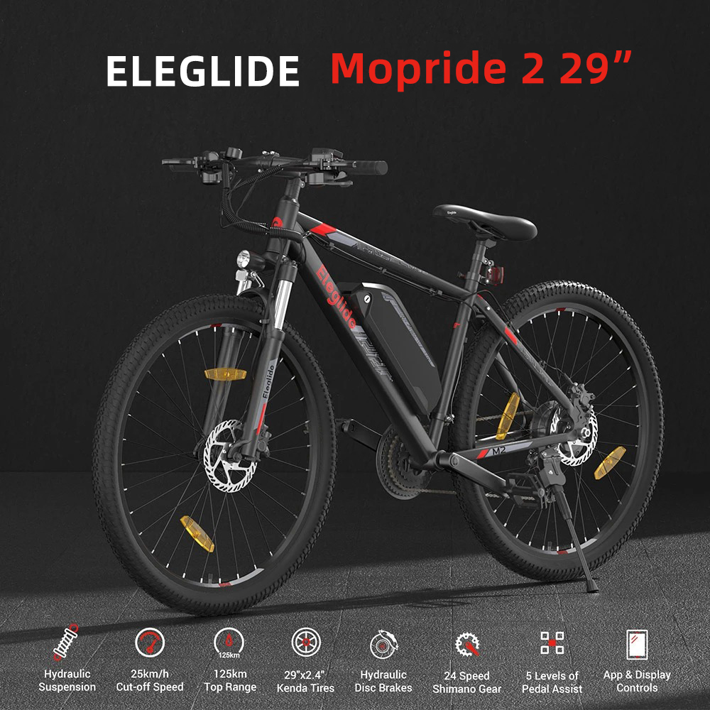 Eleglide Mopride 2 V&eacute;lo &eacute;lectrique, 29 pouces, Moteur 250W, Batterie 36V 15Ah, Autonomie maximale 125km, Freins &agrave; disque hydrauliques, &Eacute;cran LCD intelligent, Application intelligente, Suspension haut de gamme avec verrouillage, 24 vitesses - Noir