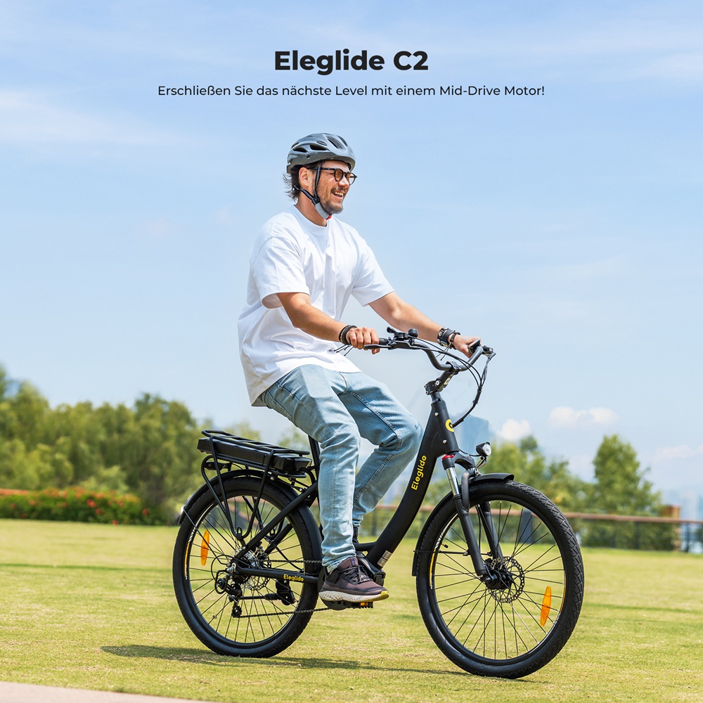 Eleglide C2 Elektrofahrrad, 250-W-Mittelmotor, 36-V-13-Ah-Akku, 26-Zoll-Reifen, 25 km/h H&ouml;chstgeschwindigkeit, 100 km Reichweite, hydraulische Scheibenbremse, Federung mit Sperre, Shimano 7-Gang
