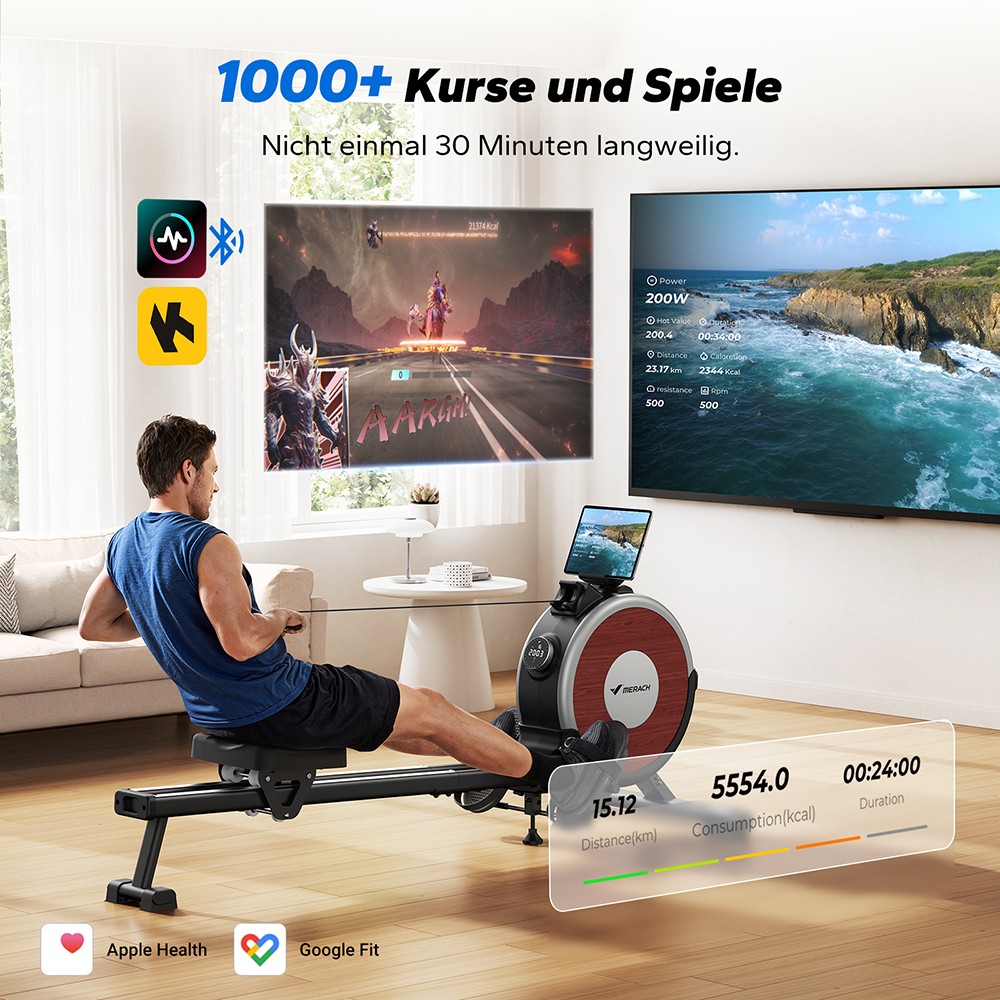 MERACH Q1S Magnetisches Ruderger&auml;t, 16-stufiger Widerstand, 158kg Kapazit&auml;t, Doppelschiene, LCD-Monitor, App-kompatibel, Elektrische Einstellung, Schwarz