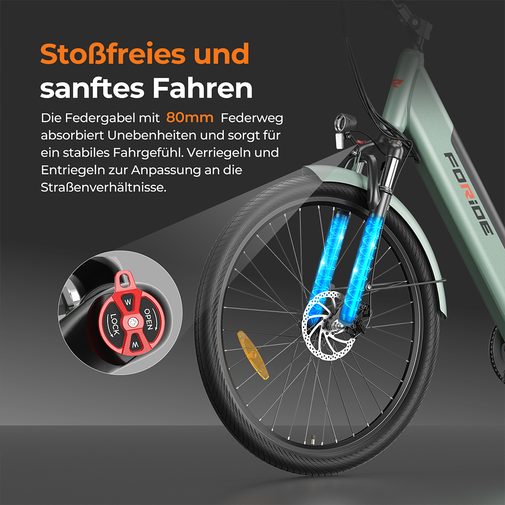 Foride Roamer 1 Step-Thru-Elektrofahrrad, 250-W-Motor, 36-V-13-Ah-Akku, 27,5-Zoll-Reifen, 25 km/h H&ouml;chstgeschwindigkeit, 100 km maximale Reichweite, Scheibenbremse, Federung mit Sperre, Shimano 7-Gang-Schaltung &ndash; Gr&uuml;n
