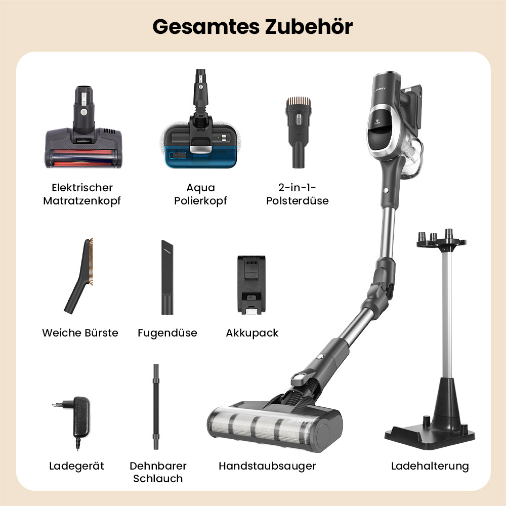 JIMMY JV9 Pro Aqua Staubsauger, kabellos, 160AW starke Saugleistung, 45min Laufzeit, HEPA-Filter, 0,6L Staubbeh&auml;lter, 500ml Wassertank, LED-Display, grau